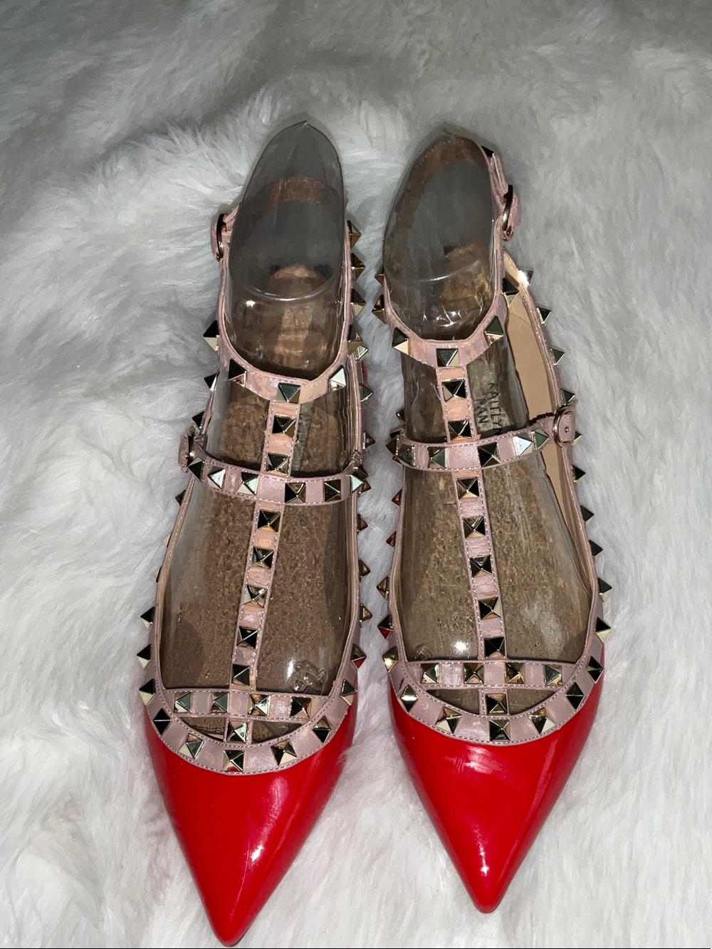Kaitlyn Pan Red Patent Pointed-Toe Flats with Studded Straps